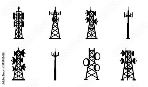 Telecommunication tower icons, 8 black radio mast silhouettes, mobile network cell towers