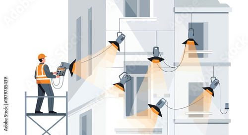Construction worker installing outdoor lighting, spotlight installation, exterior illumination, building maintenance