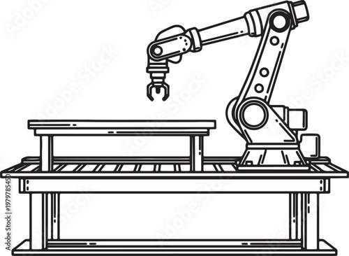 Industrial robotic arm positioned over a worktable with conveyor belt also transparent background
