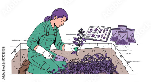 Gardener planting purple flowers, green overalls, gardening tools, flowerbed, landscaping