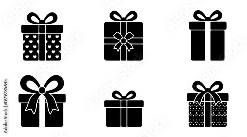 Minimalist gift box icon set, black present vector symbols, 6 holiday package icons