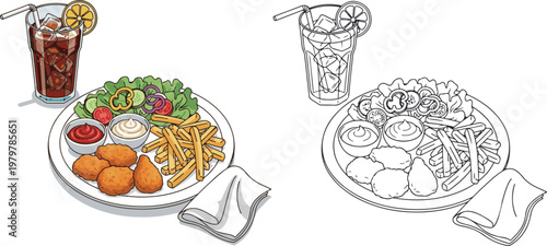 chicken fry with french fry and drinks vector illustration hand drawn clipart and lineart