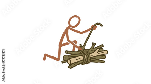 Stick Figure Tying Up a Bundle of Firewood