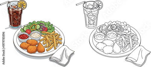 chicken fry with french fry and drinks vector illustration hand drawn clipart and lineart