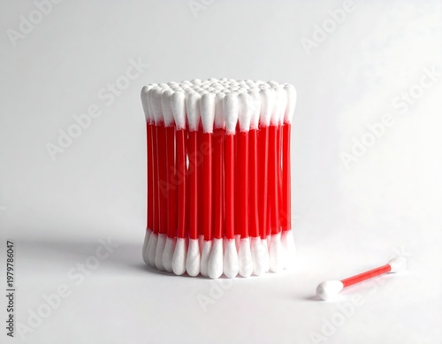 Red and white cotton swabs bundled; one lies nearby