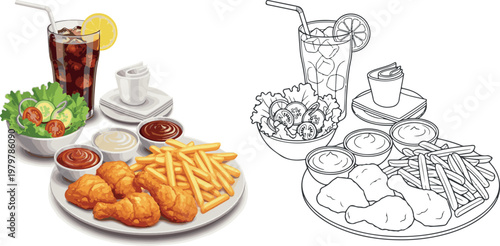 chicken fry with french fry and drinks vector illustration hand drawn clipart and lineart