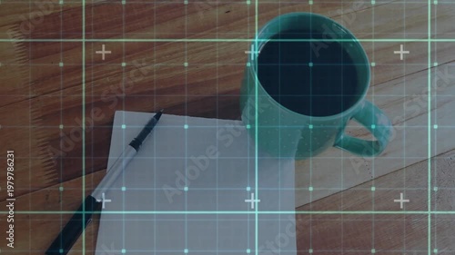 Flat design featuring lined paper with monochrome pen and teal mug holding coffee over cyan grid