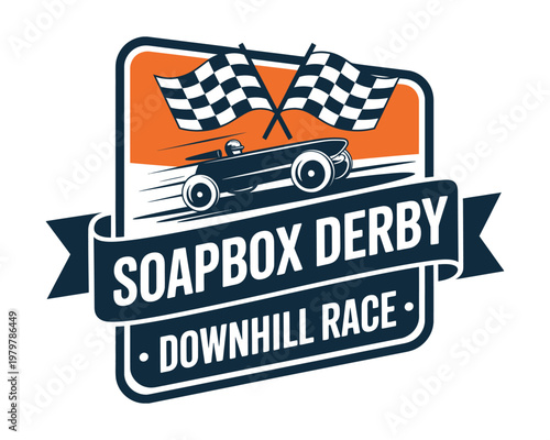 Soapbox derby downhill race logo vector illustration, dynamic racing emblem design for event branding, competitive gravity car sport identity