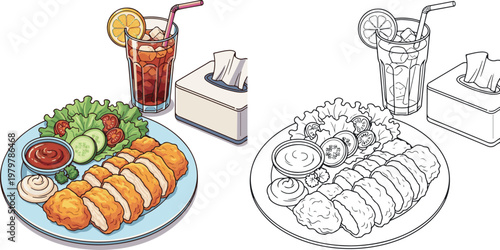 chicken fry with french fry and drinks vector illustration hand drawn clipart and lineart