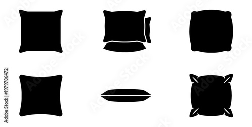 Minimalist pillow icon set, black cushion silhouettes, 6 bedding vector elements