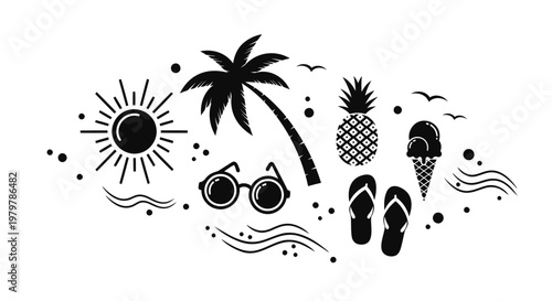 Summer vacation icons, tropical travel symbols, black silhouette graphics, beach holiday elements