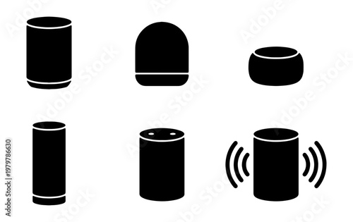 Smart speaker icon set, wireless voice assistant vectors, 6 black home audio symbols
