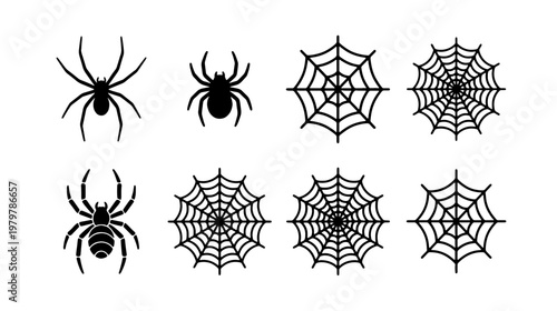 Photos Halloween spider and web icons, black silhouette arachnid set, spooky vector ele