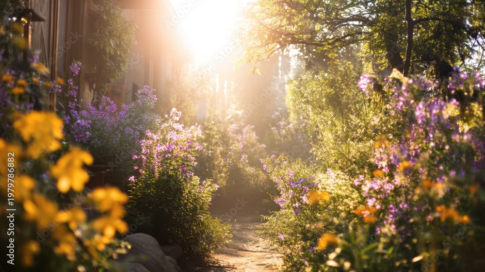 Naklejka premium Serene Pathway Through Blooming Wildflowers at Sunrise in a Tranquil Garden Setting with Soft Light and Natural Beauty