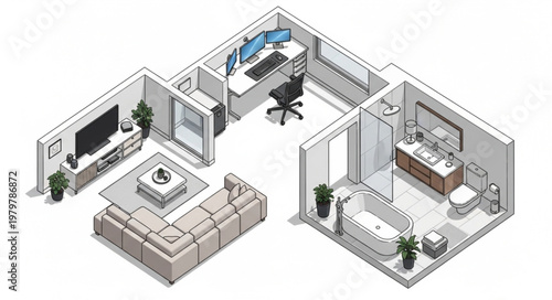 Modern Apartment Layout with Living Room and Bathroom Isometric View.