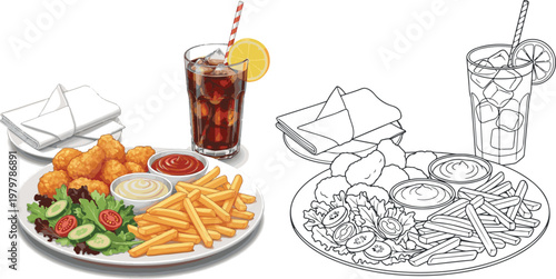 chicken fry with french fry and drinks vector illustration hand drawn clipart and lineart	