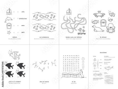 Photos Set of 7 kids sea activity games, Spanish language, educational worksheet, vector illustration, No