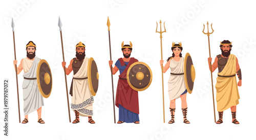 Ancient Greek Warriors with Spears and Shields, Mythological Figures