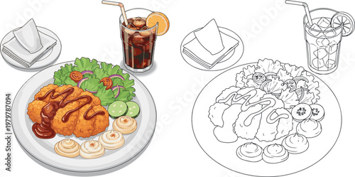 chicken fry with french fry and drinks vector illustration hand drawn clipart and lineart	