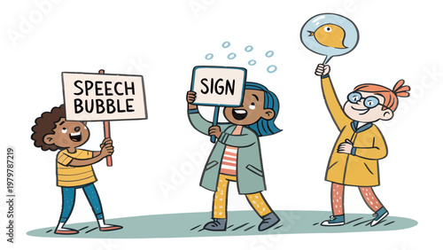 Diverse cartoon children holding speech bubbles and signs expressing communication and emotions in a colorful illustration