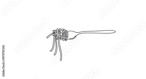Minimalist line art of spaghetti on a fork, isolated on white background