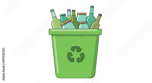 Green recycling bin full of glass bottles and jars, with recycling symbol
