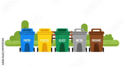 Recycling bins for paper, plastic, glass, metal, and organic waste in a park setting.