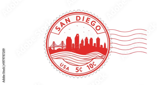 San Diego Skyline Stamp - Red Silhouette of California City with Bridge and Waves