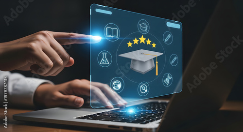 A person uses a laptop with icons related to online education and graduation