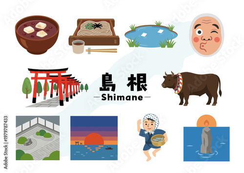 島根県の名物と観光アイコンセット（出雲大社・稲佐の浜・宍道湖・しじみ汁・出雲そば・石見神楽）
