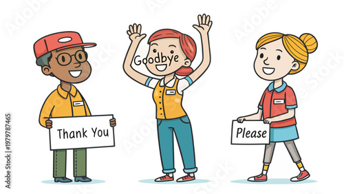 Three cartoon characters showing common greetings and farewells with signs and gestures