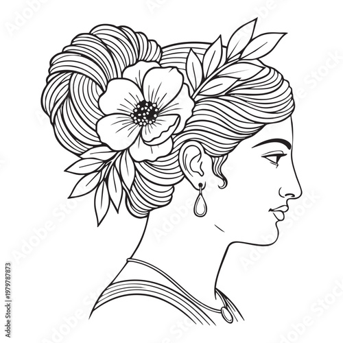 Elegant woman's profile with floral hair adornment sketch illustration