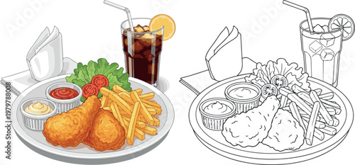 chicken fry with french fry and drinks vector illustration hand drawn clipart and lineart	