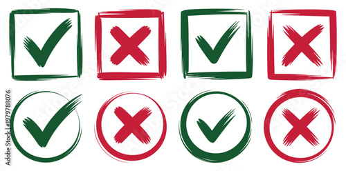 Checkmark and cross icon set, grunge green check mark and red cross symbols with brush style, correct and incorrect signs in circle shapes, clean isolated
