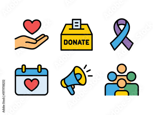 charity and donation symbols set with heart ribbon megaphone calendar and community group representing nonprofit giving awareness and humanitarian campaigns vector