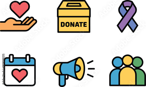 charity and donation symbols featuring heart ribbon megaphone calendar and community group icons for fundraising support and social impact design