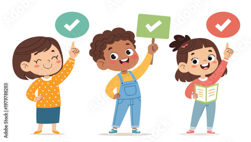 Diverse kids and adults demonstrating simple checkmarks in colorful flat design for education and communication
