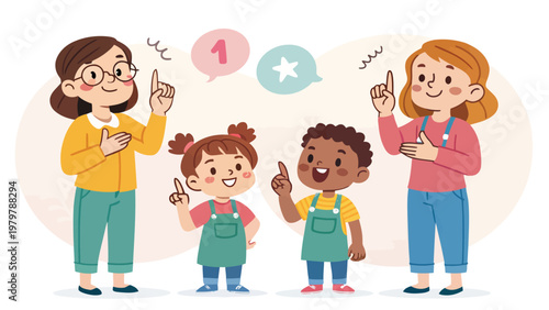 Diverse group of kids and adults demonstrating simple sign language gestures with colorful background
