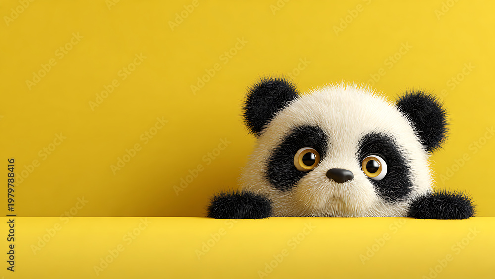 Obraz premium Cute panda bear peeking from behind a yellow surface with big eyes looking curious and playful on a bright yellow background