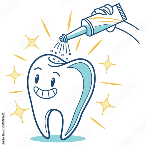 Cartoon tooth character being cleaned by dental hygiene product with cleaning