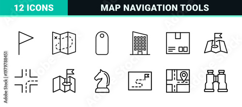 Minimalist navigation and map location line icon set