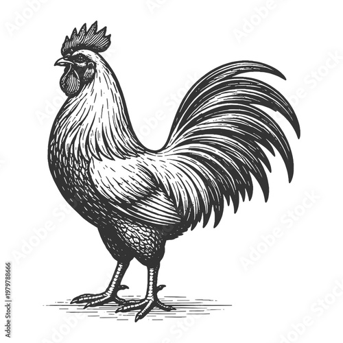 Detailed Profile of a Gallant Rooster Vector Illustration in Classic Vintage Woodcut Engraving Style for Organic Poultry and Farm Branding