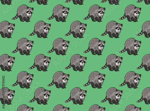 Cute seamless raccoon pattern design in vector, background color can change