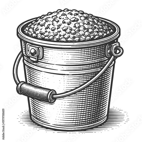 Metal Bucket Over-Flowing with Grains or Animal Feed Vector Illustration in Detailed Vintage Woodcut Engraving Style for Farm Agriculture