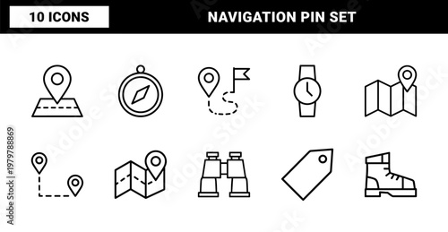 Minimalist navigation and location map pin outline icon set