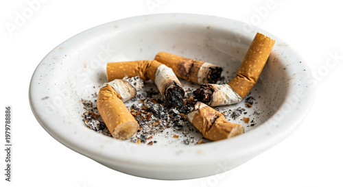 Fotografía Cigarette butts and ash in white ceramic ashtray