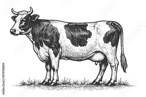 Detailed Dairy Cow Profile Standing on Grass Vector Illustration in Classic Vintage Woodcut Engraving Style for Milk and Meat Industry Branding