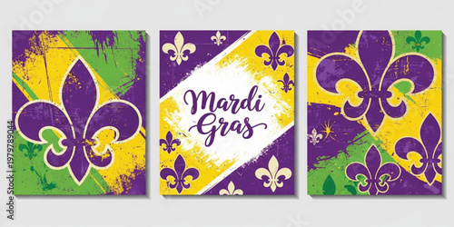 Mardi Gras Festival Background Set with Grunge Texture, Fleur de Lis Symbols, and Vibrant Purple Green Gold Colors for Carnival Posters and Party Designs