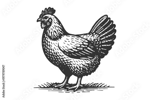 Detailed Chicken Hen Profile Vector Illustration in Classic Vintage Woodcut Engraving Style for Organic Poultry and Farm Market Branding