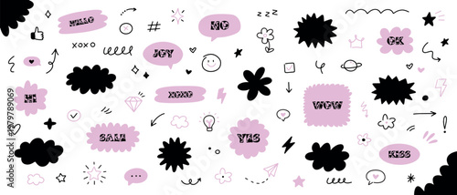 Cute doodle hand drawn elements set. Speech bubbles and different line art symbols isolated on white background.